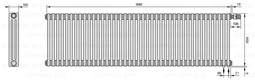 Схема (чертеж) Радиатор Zehnder Charleston 3100/41 №V002 Белый глянцевый RAL 9016